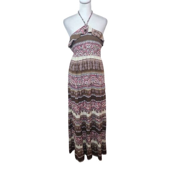 Mudd Dresses & Skirts - Mudd Brown and Pink Boho Halter Maxi Dress Size Medium Brown Boho Maxi Dress